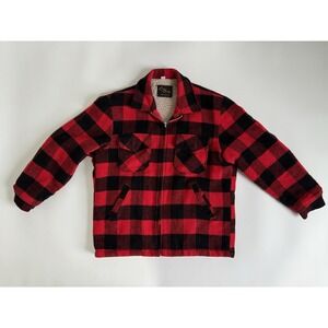 Vintage 70's Cal‎ Craft Jacket Adult Large Red Buffalo Plaid Wool Sherpa Lined
